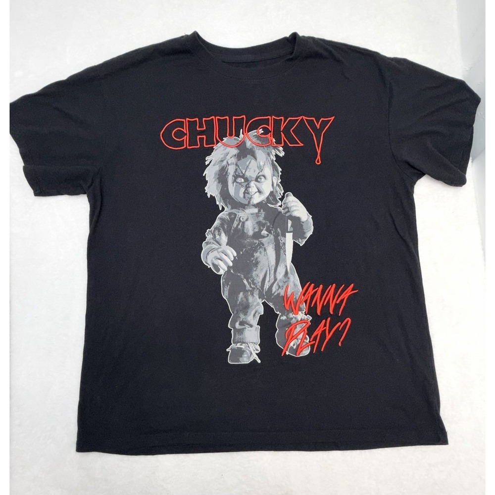 Chucky Wanna Play Horror Movie Graphic T-Shirt Mens L Black Short Sleeve Tee
